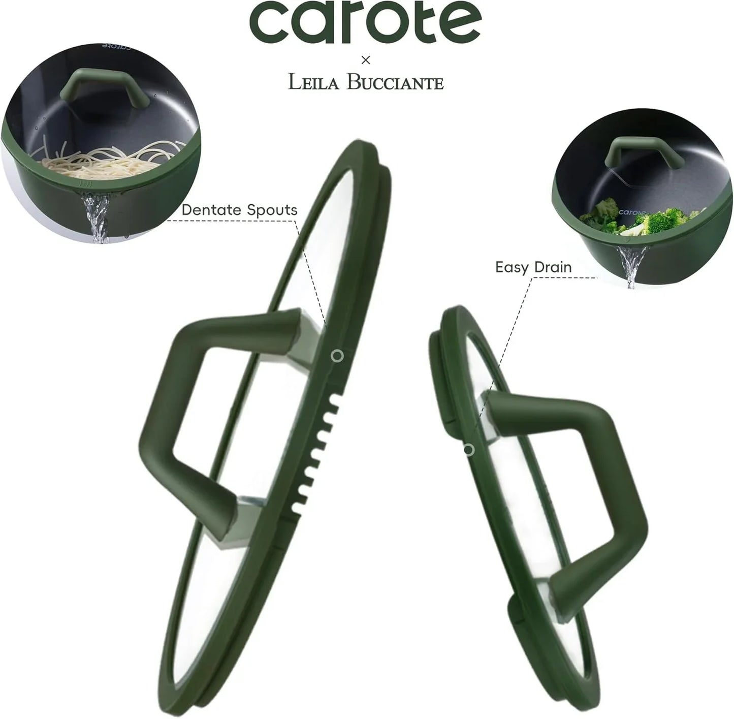 Carote green silicone lid with dentate spouts and easy drain for pots and pans, shown draining pasta and broccoli