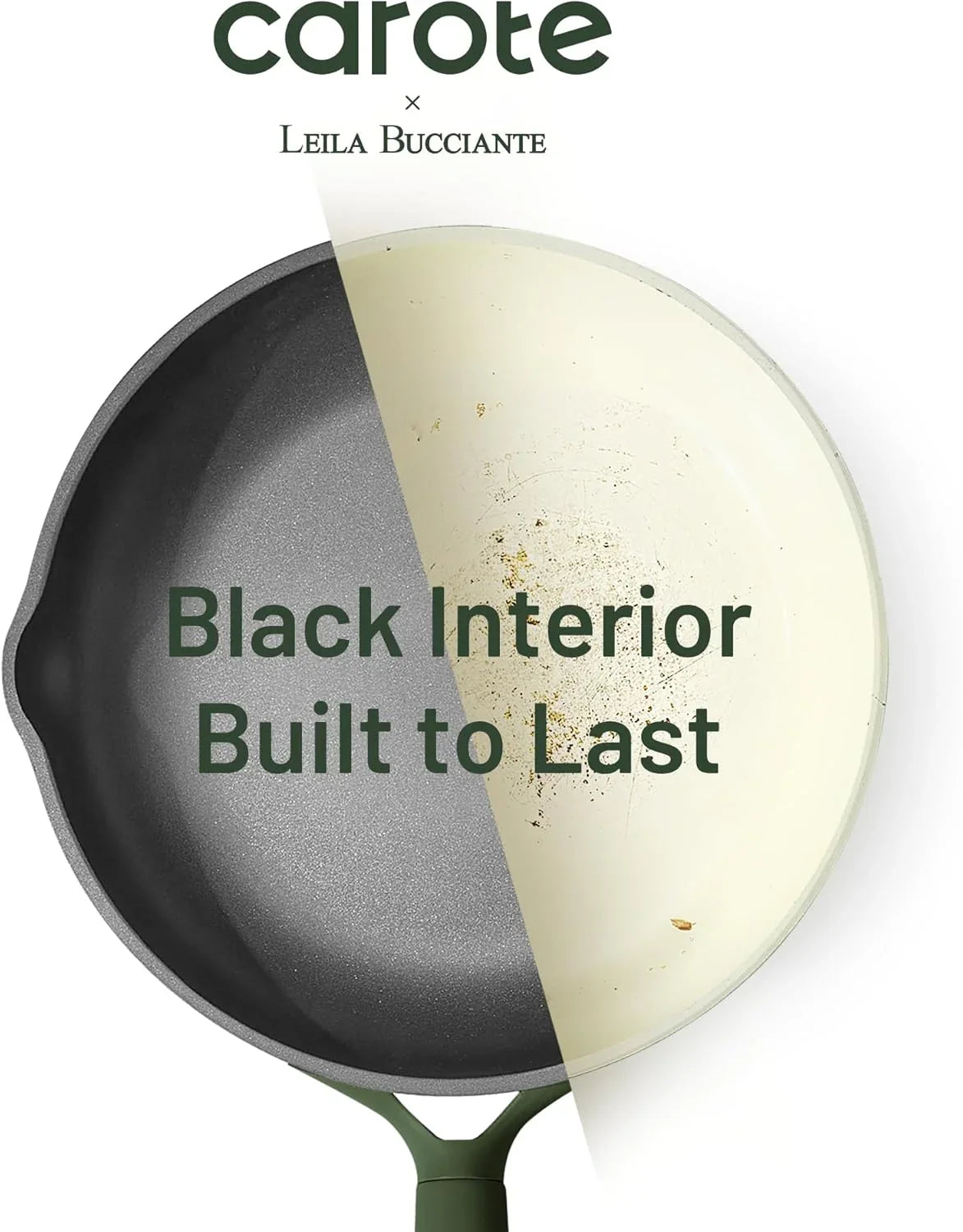 Top view of a frying pan split to show black nonstick interior versus worn off white interior, highlighting durability