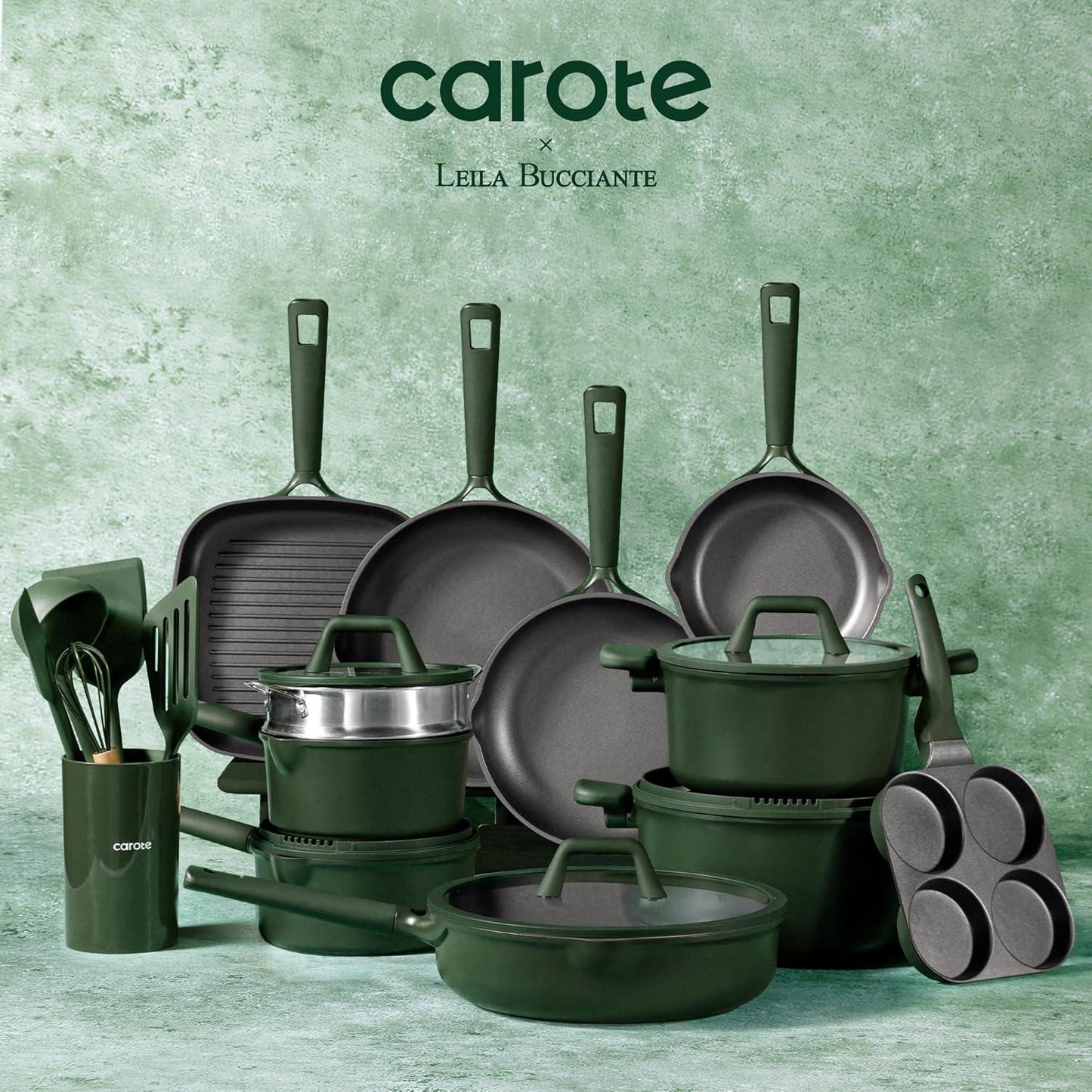 31-piece Carote green granite nonstick cookware set including pans, pots, lid, utensils and muffin pan