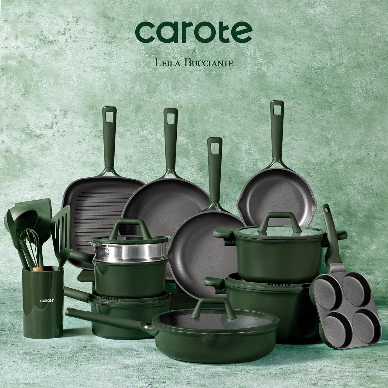 31-piece Carote green granite nonstick cookware set including pans, pots, lid, utensils and muffin pan