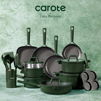31-piece Carote green granite nonstick cookware set including pans, pots, lid, utensils and muffin pan