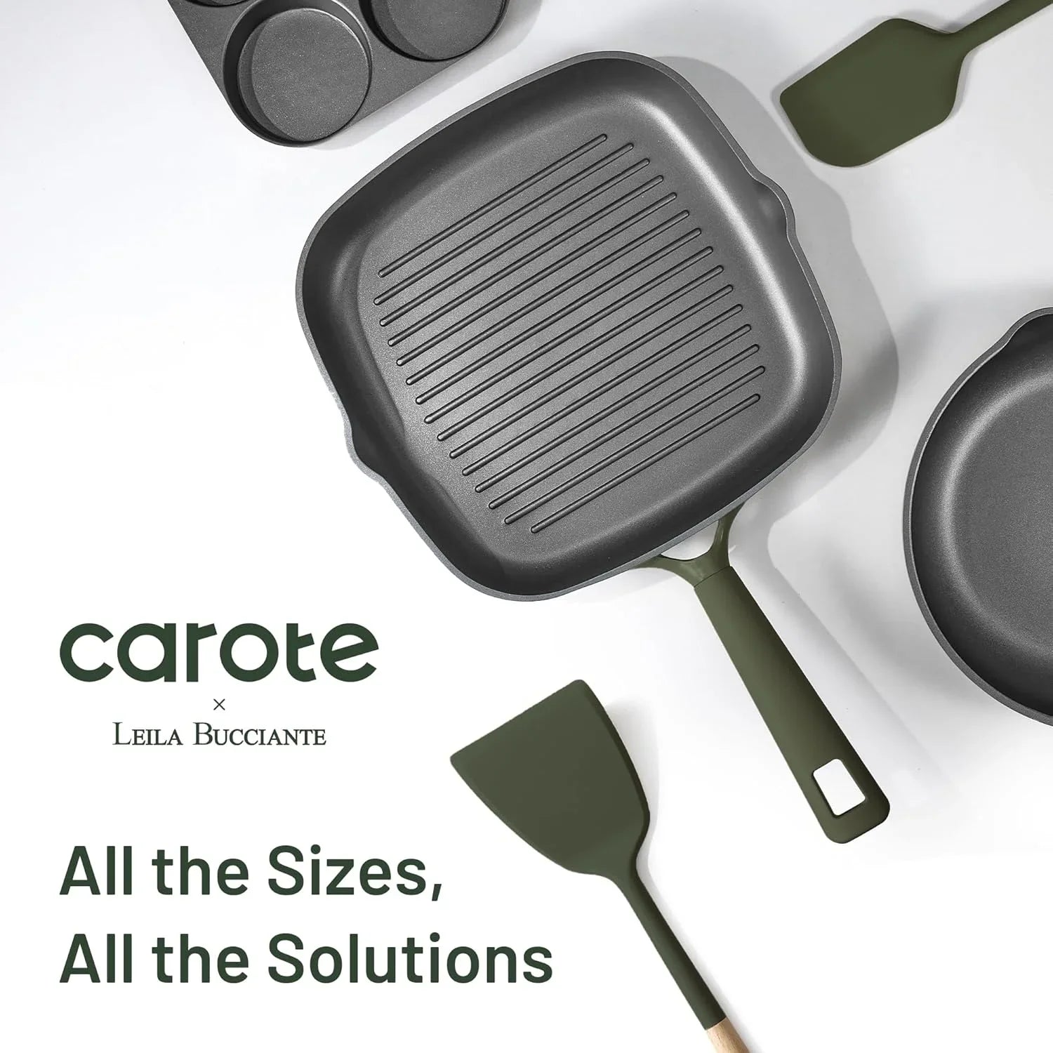 Carote grill pan and kitchen spatulas with nonstick surface and olive green handles on white background