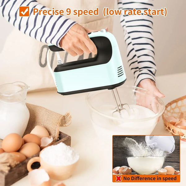 9-Speed Digital Hand Mixer Electric, 400W Powerful DC Motor, Hand Mixer Electric Handheld with Snap-On Storage Case, 5 Stainless Steel Accessories, Beaters, Dough Hooks, Whisk(Ice Blue/Black)5