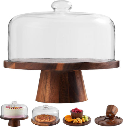 Acacia Wood Cake Stand with Glass Lid–12" Magnetic Base for Parties&Kitchen1