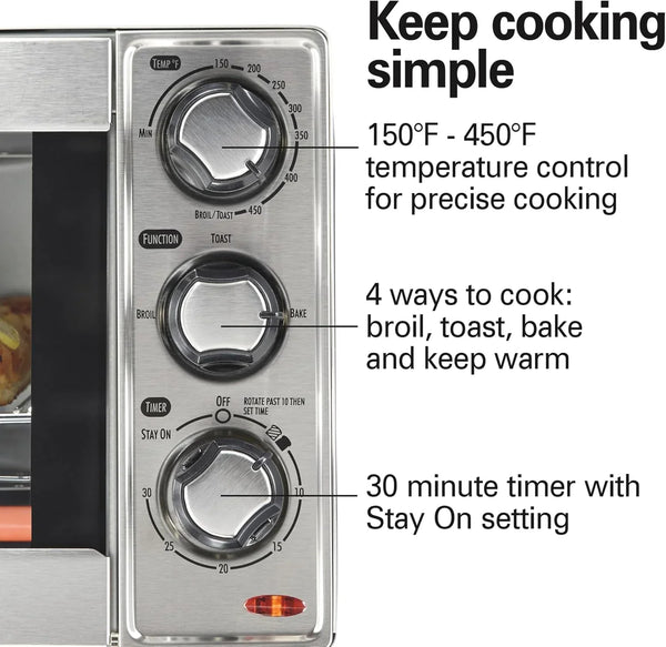 Countertop Toaster Oven & Pizza Maker Large 4-Slice Capacity, Stainless Steel (31401) | Bake, Broil, Toast | 30 Minute Timer | Automatic Shut off | 150 to 450ºf Adjustable Temp | Stainless Steel | 31401J5
