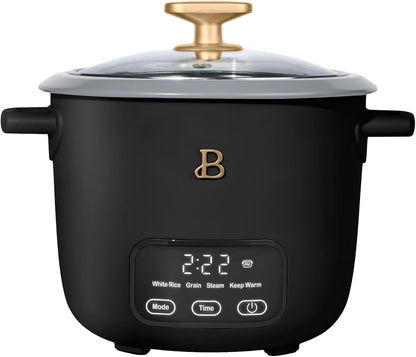 Rice and Grain Cooker Holds up to 6-Cup Cooked, 3-Cup Uncooked Digital Electric Cooker with Glass Lid, by Drew Barrymore (Black)1