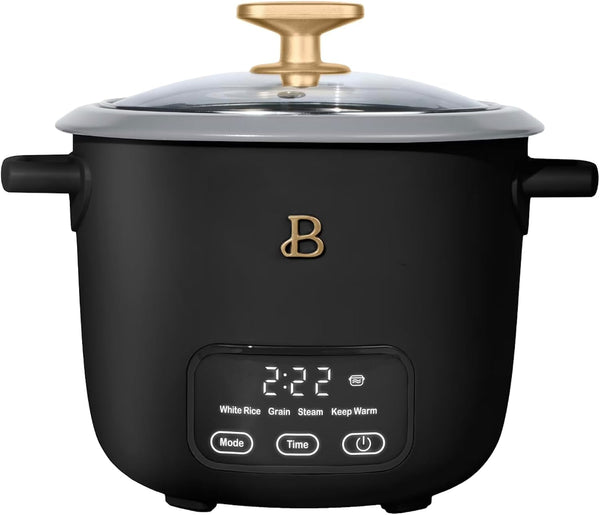 Rice and Grain Cooker Holds up to 6-Cup Cooked, 3-Cup Uncooked Digital Electric Cooker with Glass Lid, by Drew Barrymore (Black)1