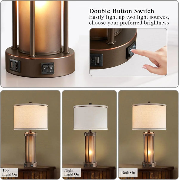 Set of 2 Farmhouse Table Lamps for Living Room with 2 USB Charging Ports | Vintage Rustic Nightstand Lamps with Amber Glass Nightlight, Retro Desk Lamps for Bedroom Entryway, 4 Bulbs Included (Brown)3