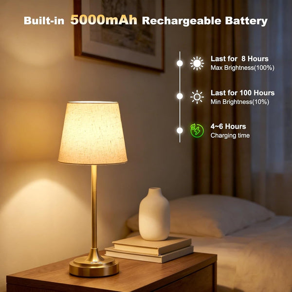 Cordless Table Lamp Rechargeable,5000Mah Battery Operated Desk Lamp,3 Colors & 7 RGB Stepless Dimmable,Touch Control Ambient Light for Bedside,Bedroom,Dining Room,Living Room,Gold,Flaxenshade5
