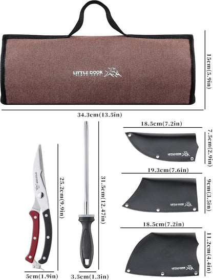 9PCS Butcher Knife Set, 7" Butcher Meat Cleaver, a 7" Serbian Chef Knife, a 6.5" Viking Knife, 3 Knife Sheath, Poultry Shears, Honing Steel and Knife Roll Bag (Unique Bull Pattern)3