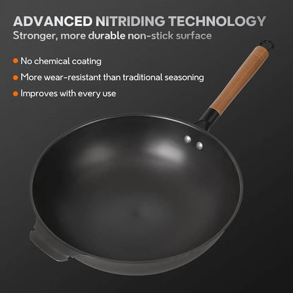 11.8-Inch Carbon Steel Wok, Pre-Seasoned with Advanced Nitriding Technology, Flat Bottom Stir Fry Pan, Lightweight Nonstick Surface, All Cooktops Compatible for Stir Fry, Pan-Fry, Steam, BBQ & Camping2