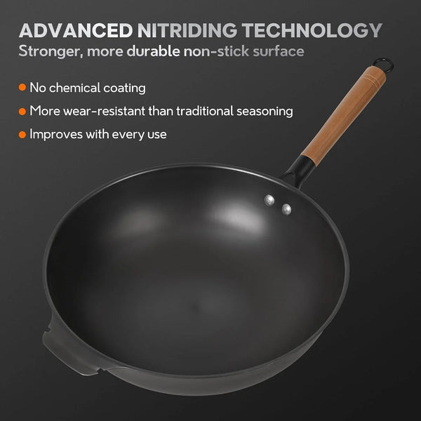11.8-Inch Carbon Steel Wok, Pre-Seasoned with Advanced Nitriding Technology, Flat Bottom Stir Fry Pan, Lightweight Nonstick Surface, All Cooktops Compatible for Stir Fry, Pan-Fry, Steam, BBQ & Camping2