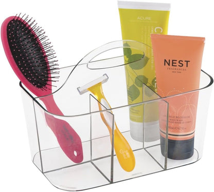 Small Plastic Shower/Bath Storage Organizer Caddy Tote with Handle for Dorm, Shelf, Cabinet - Hold Soap, Shampoo, Conditioner, Combs, Brushes, Lumiere Collection, Clear1