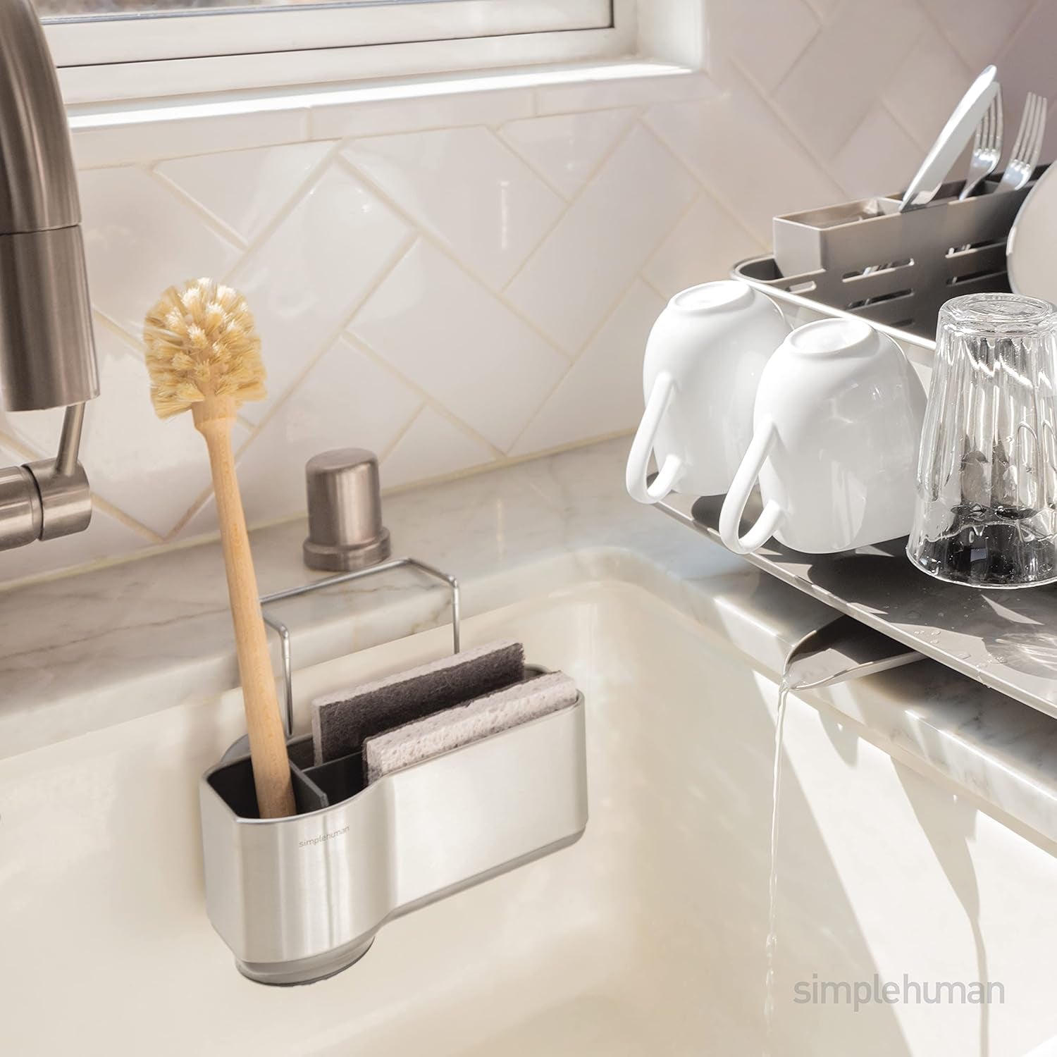 simplehuman-sink-caddy-sponge-holder-for-kitchen-sink-with-compartment-dividers-4-suction-cups-wire-ledge-hanger-for-secure-mount-vented-base-for-fast-drying-brushed-stainless-steel