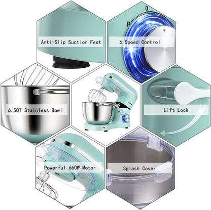 Stand Mixer,6.5-Qt 660W 6-Speed Tilt-Head Food Mixer, Kitchen Electric Mixer with Dough Hook, Wire Whip & Beater (Blue, 6.5QT)3