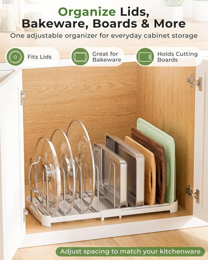Adjustable Cabinet Organizer for Pot Lids, Bakeware, Cookie Sheets & Cutting Boards, Upright Storage Rack for Kitchen Cabinet, Stable Dividers, 9.7" Deep, 12.6" to 21.5" Wide, GS02SS2