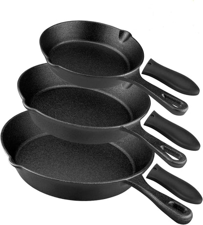 Pre-Seasoned Cast Iron Skillet Set - 3 Piece Frying Pan with Heat-Resistant Handles (6, 8, 10 Inch) for Frying, Saute, Pizza, Oven Safe (Black)1