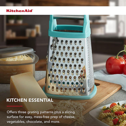 Kitchenaid Gourmet 4-Sided Stainless Steel Box Grater for Fine, Medium and Coarse Grate, and Slicing, Detachable 3 Cup Storage Container and Measurment Markings, Dishwasher Safe, 10 Inches Tall, Aqua4