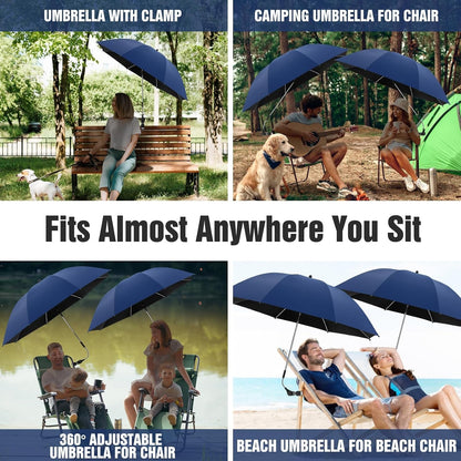 2 PACK Beach Umbrella with Clamp, 360 ° Adjustable Umbrellas for Chair, UPF50+ Umbrella for Beach Chair, Patio Chair, Wheelchair, Camping Chair, Golf Carts (Chair Not Included)6