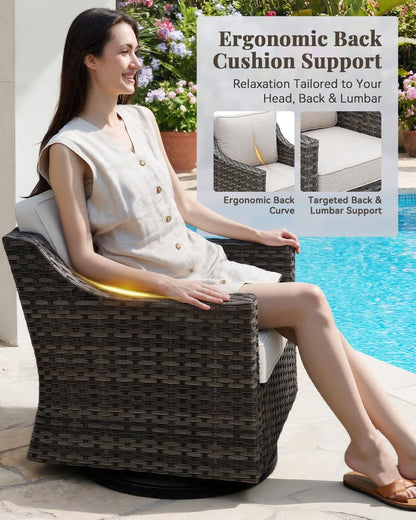 Patio Furniture Set 3 Pieces Luxury Outdoor Bistro with Swivel Rocker Chairs and Side Table, Easy Assembly Conversation Set for Porch Deck Balcony Yard in Gray Wicker and Beige Cushions5