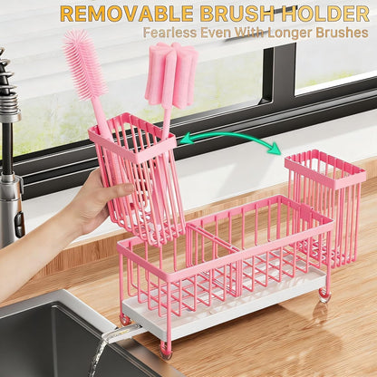 Sponge Holder for Kitchen Sink, Sink Caddy Organizer with High Brush Holder, Kitchen Countertop Organizers and Storage Essentials, Rustproof 304 Stainless Steel (Pink, 9.25″)5