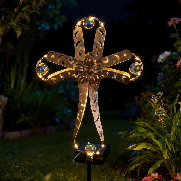 Leds Solar Stake Lights for Garden Metal Warm White, Memorial Gift - Perfect as Remembrance & Sympathy Gifts (Angel-Bronze) (Cross)1