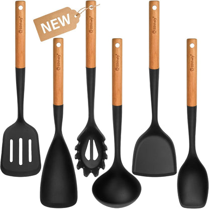 Large Silicone Kitchen Utensils Set, 6 PCS Nonstick Cooking Utensils Set with Wooden Handle, Heat Resistant and BPA Free Silicone Utensil Spatula Set for Cooking with Turner, Spoon and Ladle(Black)1