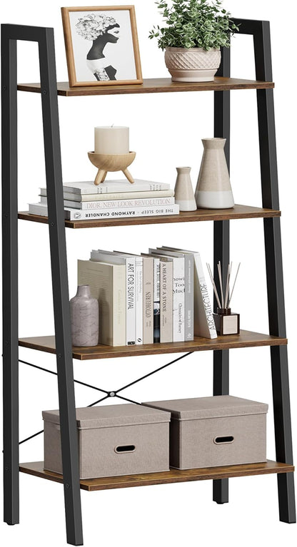 VASAGLE Ladder Shelf, 4-Tier Bookshelf, Storage Rack, Steel Frame | Bookcase, Living Room, Home Office, Kitchen, Bedroom, Rustic Brown and Matte Black, BARNET Collection ULLS44X1