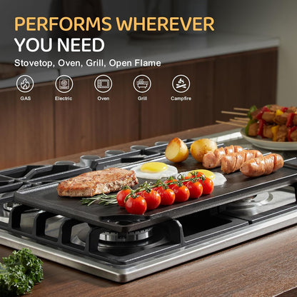 Reversible Grill/Griddle, 16.7X9.5'' Pre-Seasoned Cast Iron Griddle Pan, Double Burner Cookware, Rectangular Stovetop Griddle with Handles, Flat Top Plate for Oven, Grill & Campfire4