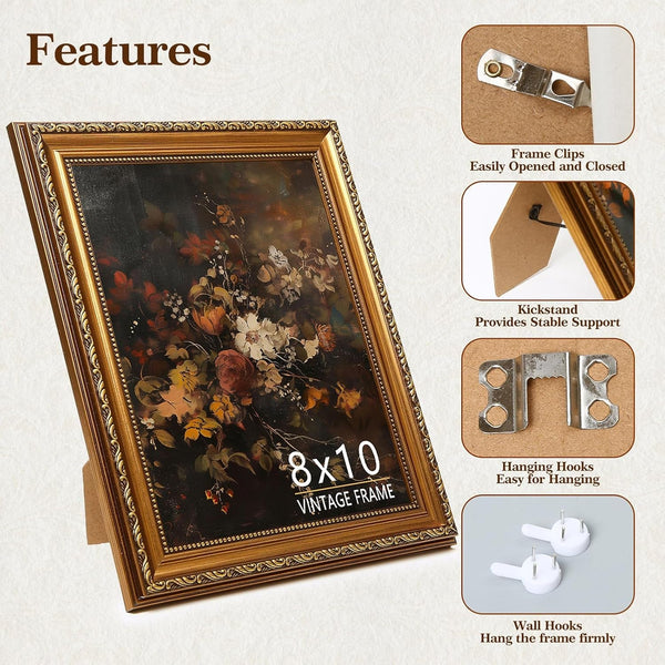 8X10 Picture Frame, Vintage Bronze Gold Picture Frame for Tabletop & Wall Mount, Antique Photo Frame 8 X 10 for Living Room, Bedroom, Office or Gallery Wall, Retro Home Decoration Gift - 1 Pack4