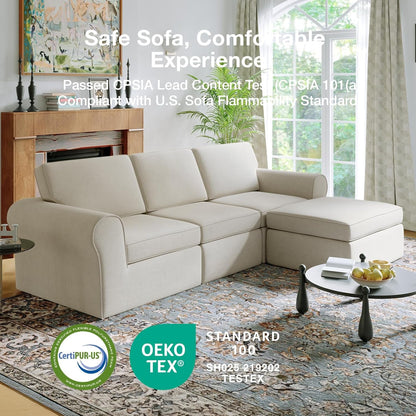 108" Modular Sectional Sofa, Modular Sectional Couches for Living Room Bedroom, Chenille Removable Cover Cloud Couch with Smarts Coil® Support L-Shaped Couch(Beige, 3 Seater + 1 Ottoman)23