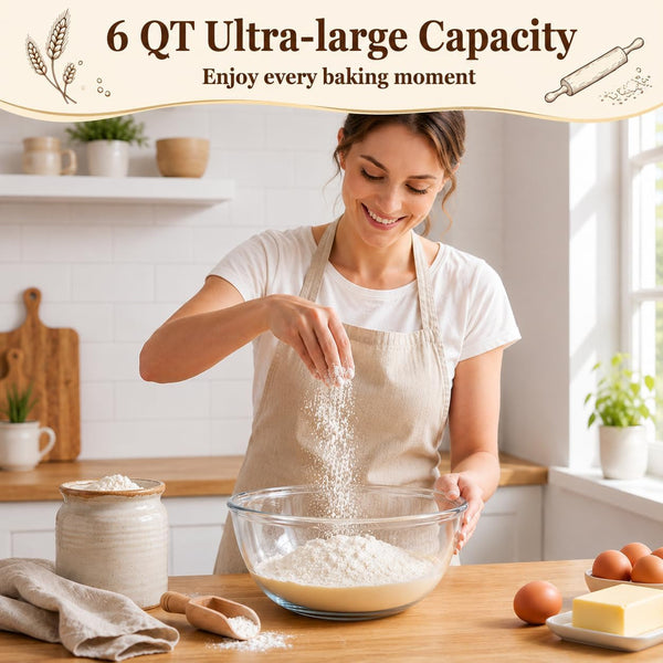 6 QT Large Glass Mixing Bowl with Lid, High Borosilicate Thickened Dough Bowl for Sourdough Bread Making, Baking, Salad Prep, Microwave Oven Safe4