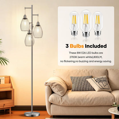 Dimmable Floor Lamp, 3 X 800LM LED Edison Bulbs Included, Industrial Floor Lamp Standing Tree Lamp with Elegant Teardrop Cage Heads Tall Lamps for Living Room Bedroom-Brushed Nickel4
