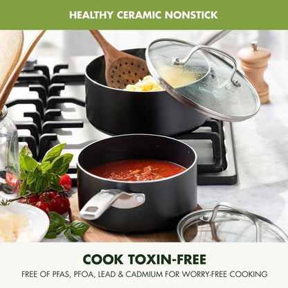 Prime Chatham 1QT & 2QT Saucepan Pot Set with Glass Lids, Hard Anodized Diamond Infused Ceramic Nonstick, Pfas-Free, Dishwasher Safe, Oven Safe, Multipurpose Chefs Pan, Stay-Cool Handle,Black2