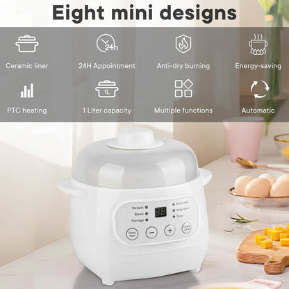 White 1L Mini Slow Cooker with Steamer Basket, 24-Hour Timer and Automatic Keep-Warm Function, 200W Smart Ceramic Electric Slow Cooker, Kitchen Cooking Appliance3