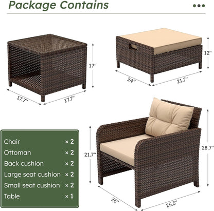 5 Piece Patio Furniture Set, PE Wicker Outdoor Furniture Set with Soft Cushions & Coffee Table, Outdoor Lounge Chairs with Ottoman for Porch, Lawn, Balcony, Khaki-Beige7