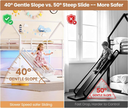Twin over Twin Bunk Bed with Slide,40° Gentle-Slope & LED Light, White4