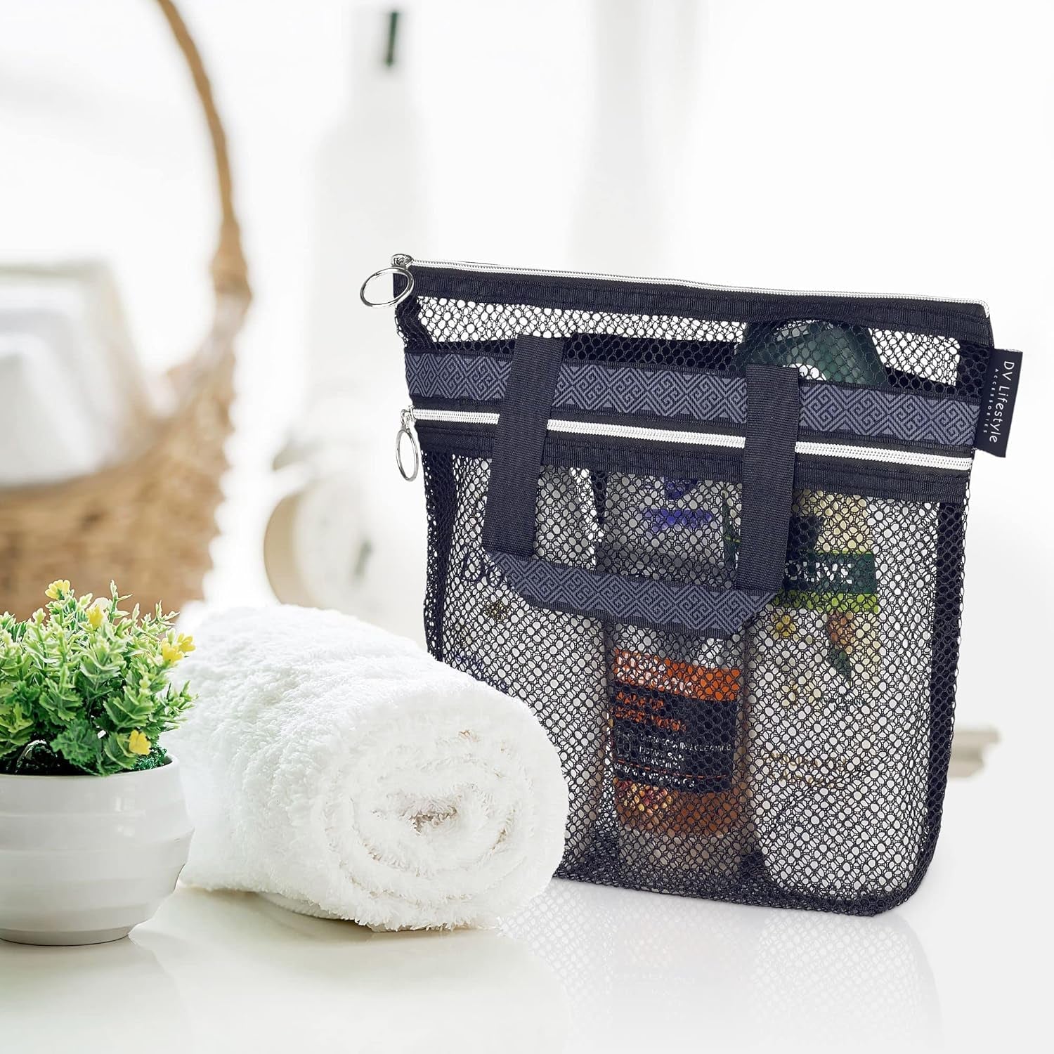 mesh-shower-bag-10-2x9-9-quick-dry-caddy-with-zipper-2-pockets-portable-toiletry-tote-for-bathroom-gym-travel-camp-beach-for-sunscreen-dorm-college-essentials-black