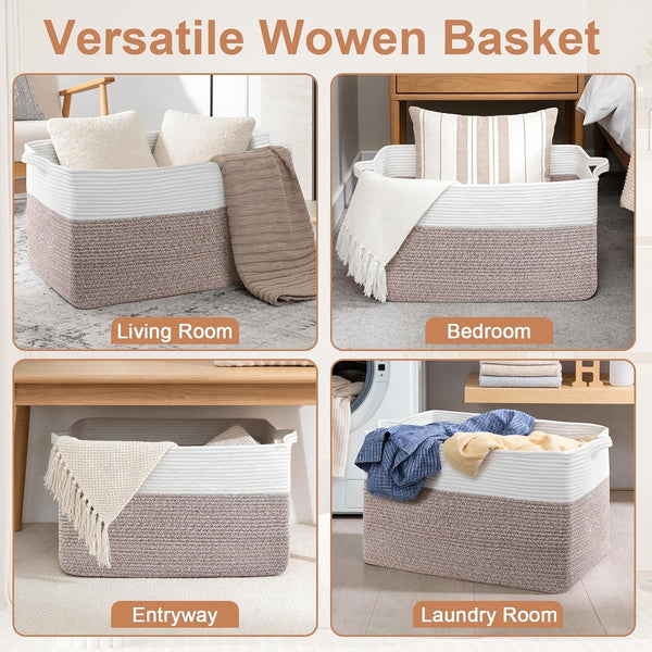75L Large Blanket Storage Basket with Handles - White & Brown4