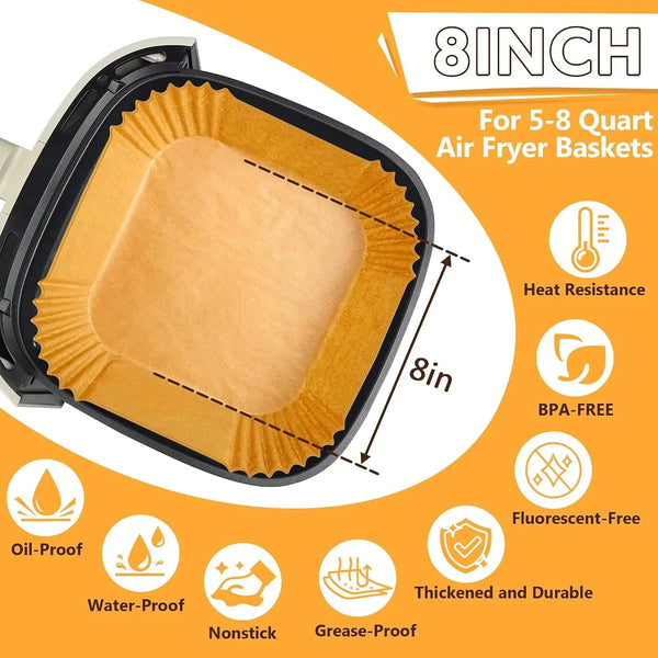 200Pcs Air Fryer Liners Disposable, Air Fryer Liners, 8.7" Square Parchment Disposable Paper Liner for Air Fryer, Parchment Paper, Baking, Roasting and Microwave2
