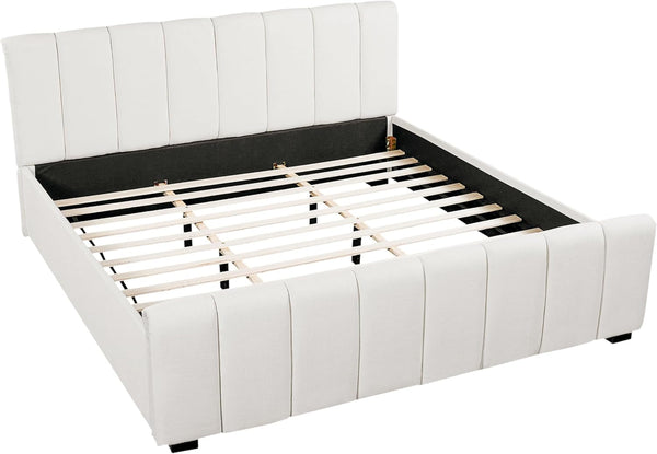 King Upholstered Bed with Thick Headboard and Footboard, Beige8