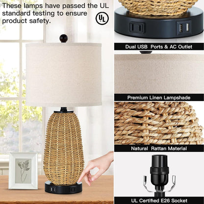 Touch Control Rattan Table Lamps, 3 Way Dimmable Bedside Lamps for Bedroom Set of 2 with 2 USB Ports and AC Outlet, Nightstand Lamps for Living Room (LED Bulbs Included), Grass6