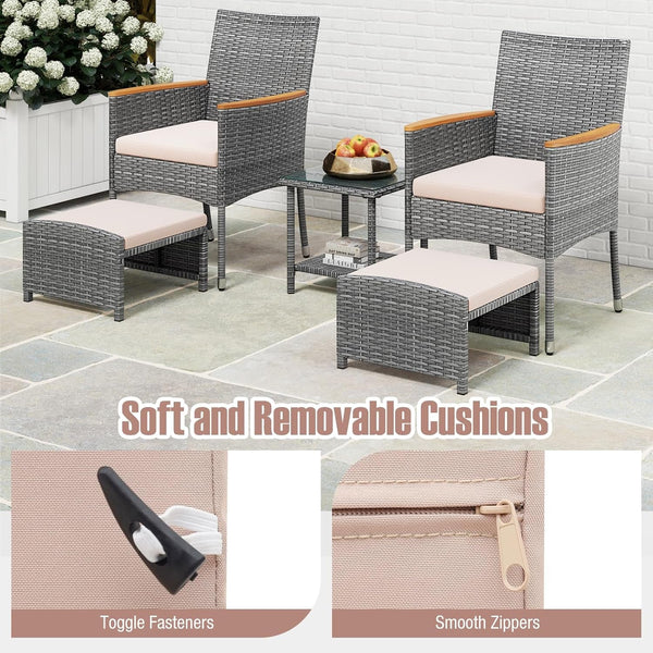 5 Pieces Patio Conversation Set, Outdoor PE Rattan Chairs with Soft Cushions, Ottomans & Tempered Glass Top Table, Acacia Wood Armrests, Patio Furniture Set (Mix Grey+Beige)4
