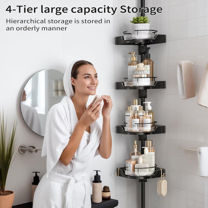 360° Rotating Corner Shower Caddy Tension Pole, 4 Tiers Shower Organizer for Bathroom Shelf Bathtub, Adjustable Standing Shower Rack, Easily Assemble, 34-124 Inch Height, Black4