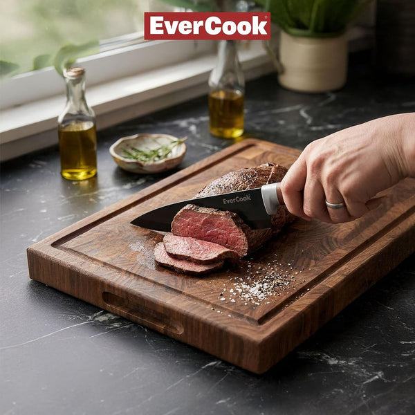 4-Piece Kitchen Knife Set - 6" Chef, 3.5" Paring & 2 Sheaths | Black-Coated Stainless Steel Cutlery, Brown Wood-Pattern Handles, Hollow-Ground Blades, Soft TPR Grip, Comfortable Control7