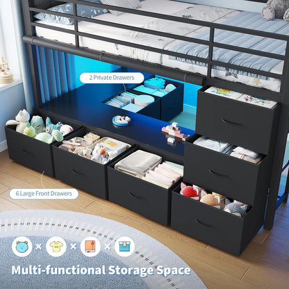 Twin Loft Bed with 8 Storage Drawers, LED Lights, Upholsterd Headboard, Inclined Ladder & Play Curtain, Kids Loft Bed with Safety Guardrail, Under-Bed Play Area, Black4