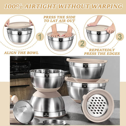 Mixing Bowls with Airtight Lids Set, 26PCS Stainless Steel Khaki Bowls with Grater Attachments, Non-Slip Bottoms & Kitchen Gadgets Set, Size 7, 4, 2.5, 2.0,1.5, 1QT, Great for Mixing & Serving7