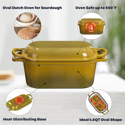 4.6 Quart Dutch Oven for Sourdough Bread Baking | Oval Bread Dutch Oven with Lid, Cast Iron Bread Pan for Crispy Crust, Steam Baking Design for Artisan Homemade Loaves, Olive5