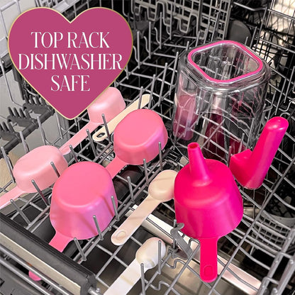 9-Piece Measuring Set, Durable Plastic Measuring Cups and Spoons with Funnel and Leveler, Dishwasher Safe, Pink8