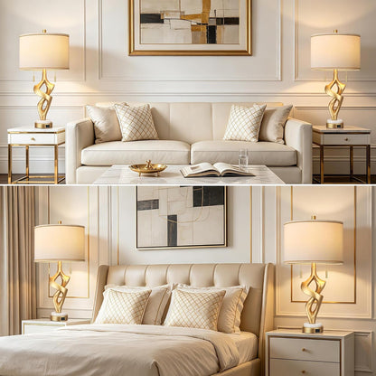Gold Table Lamps for Living Room Set of 2, Modern Nightstand Lamps with Marble Base & Charging Ports, Rustic Resin Table Lamp for Bedrooms with Pull Chains Switch, 4 X Bulbs Included, 26"6